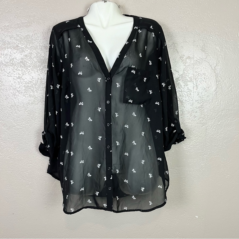 Maurices Women 2 Button Down Blouse Semi-Sheer Bow V-Neck Tab Sleeves 5 for $30 - Picture 7 of 16